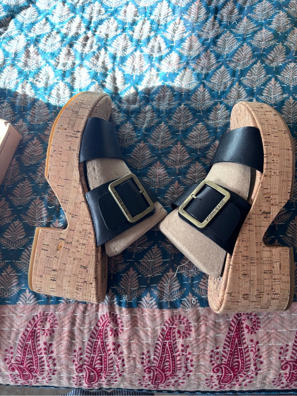 Kork-Ease Platform Cork Sandal with Black Leather Strap and Gold Buckle